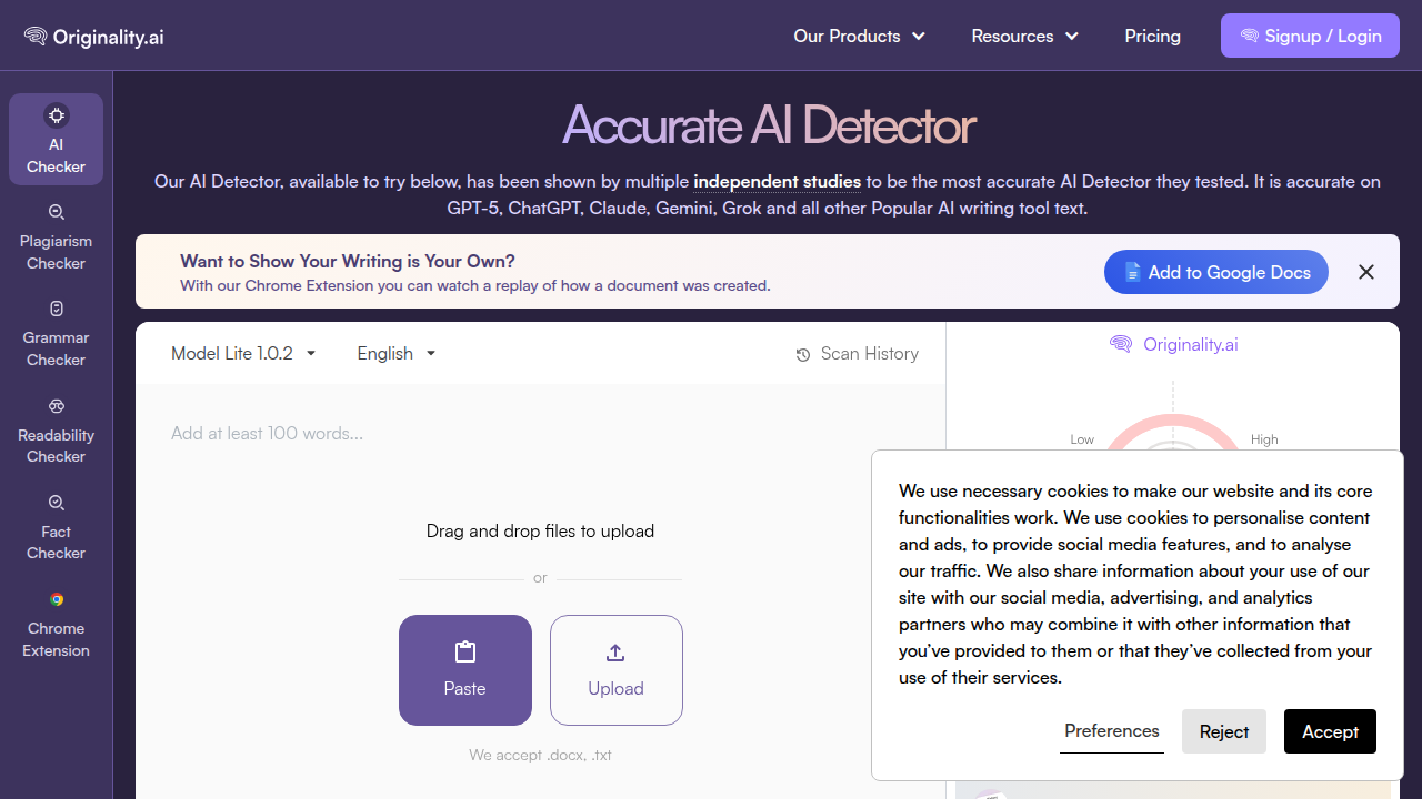 Screenshot of the Originality AI website, a tool designed for detecting AI-generated content.