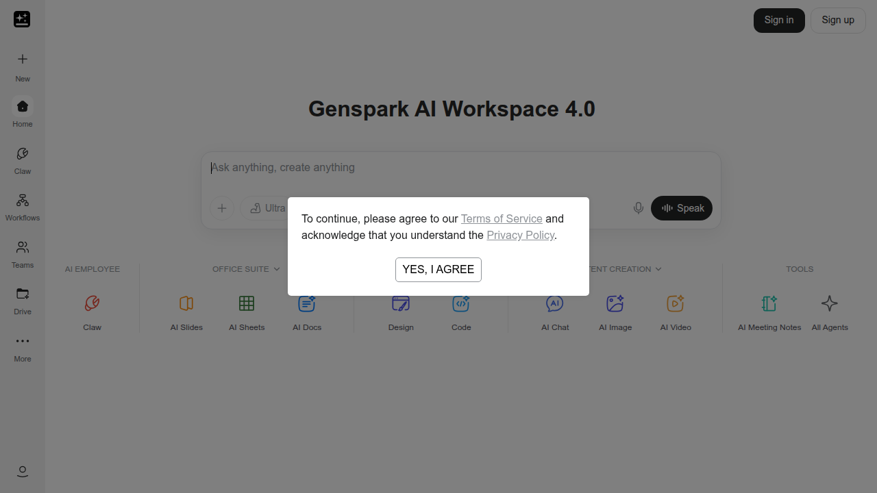 Screenshot of the Genspark AI website, an AI tool for discovery and content synthesis.