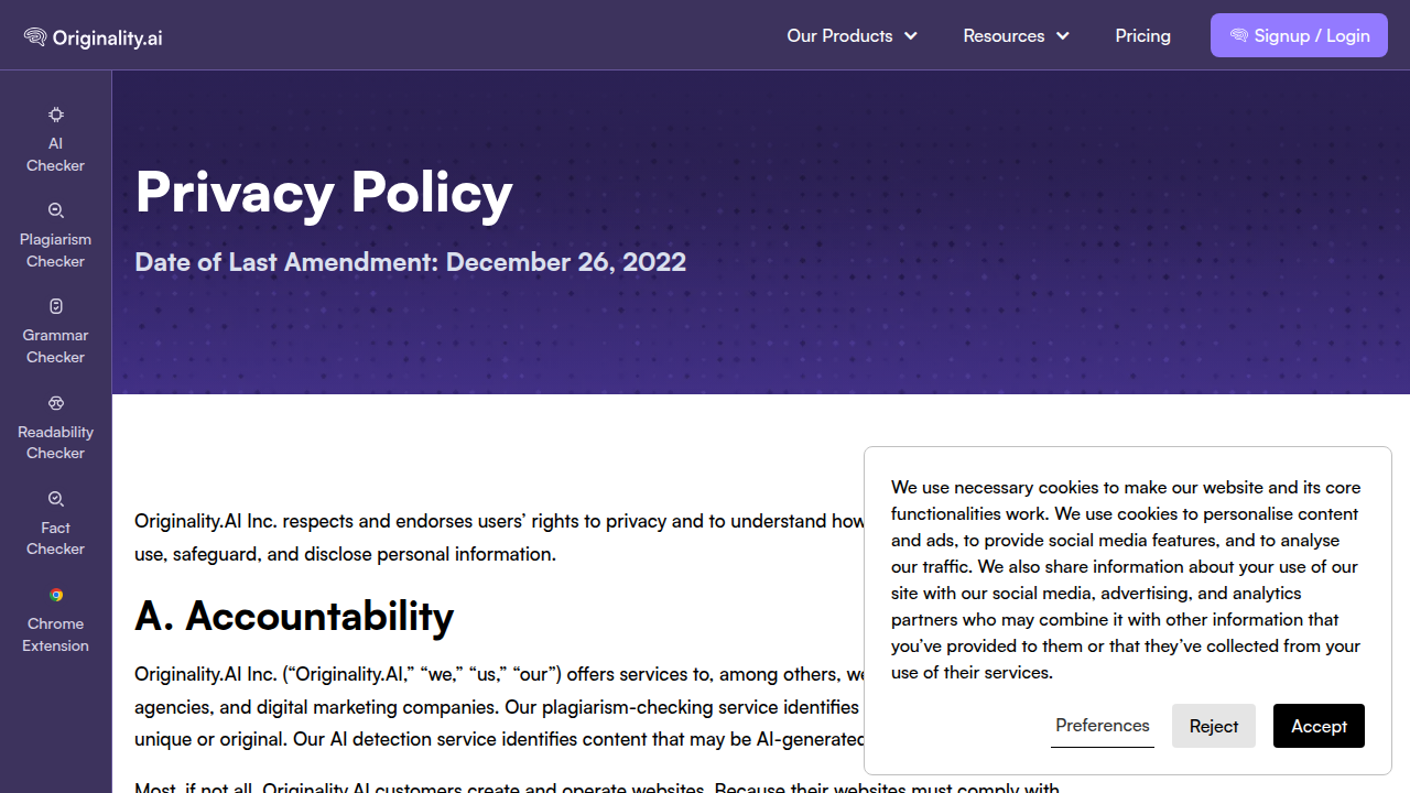 Screenshot of Originality AI's privacy policy page, detailing data handling practices.