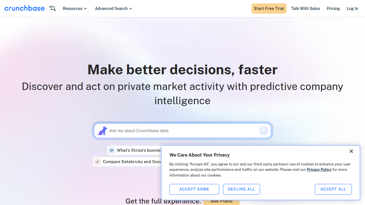 The Crunchbase homepage, a prominent database for startup and investor information.