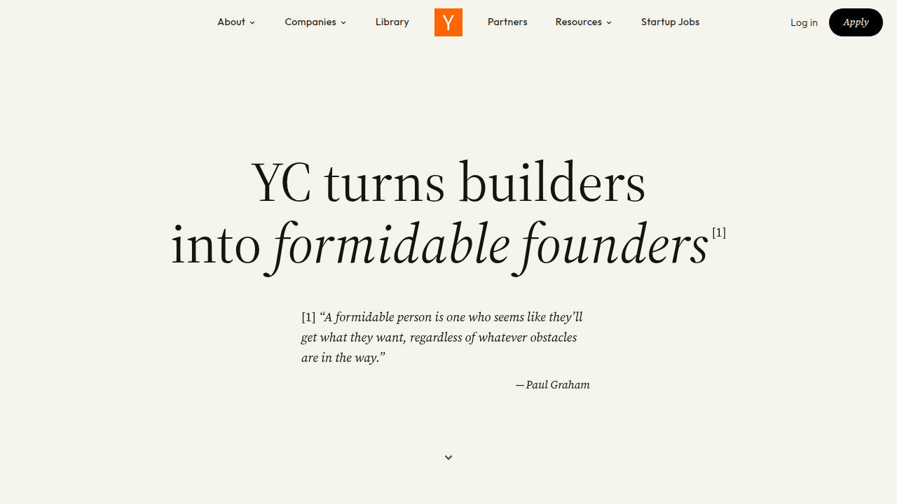 The homepage of Y Combinator, a prominent accelerator and seed-stage investor.