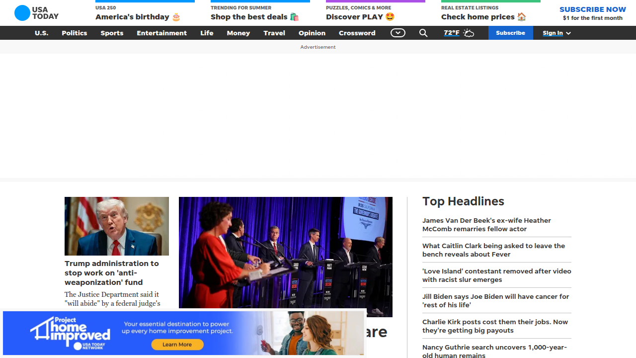 A view of the USA Today homepage, a major national outlet shaping perceptions of technology and startups.