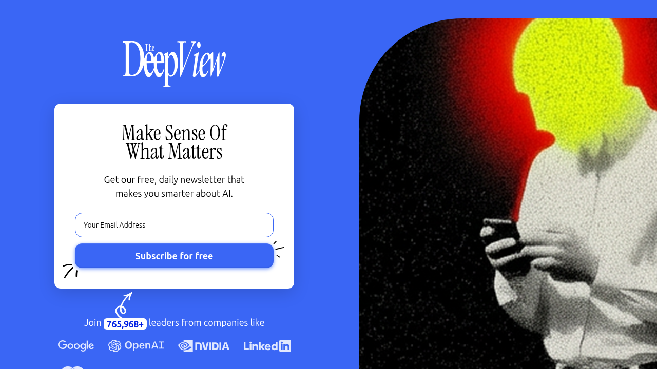 The Deep View Newsletter subscription page, offering curated intelligence on tech trends and AI updates.