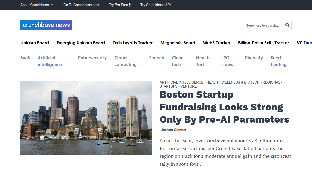 The Crunchbase News homepage, a source for raw data and insights on startup funding.