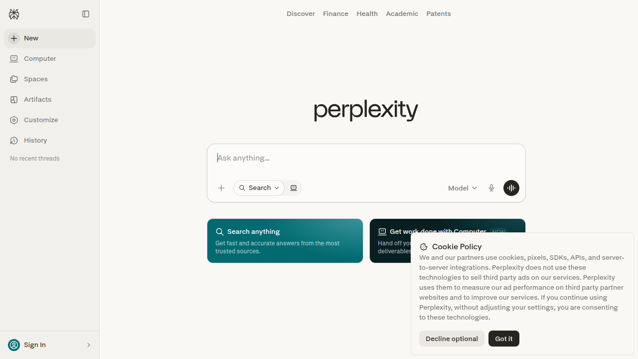 Screenshot of the Perplexity AI homepage, showcasing its conversational search interface and citation features.