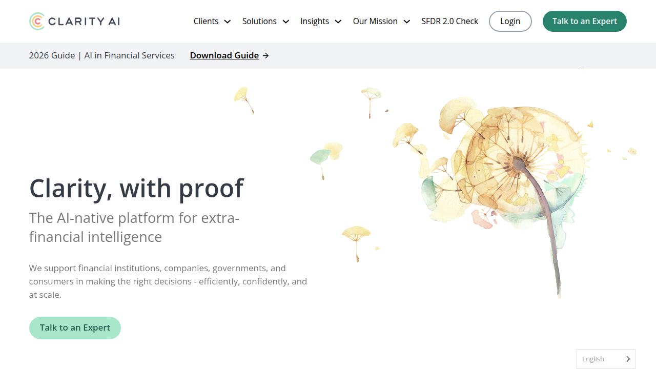 A screenshot of the Clarity AI homepage, showcasing its focus on sustainability and market impact for investors.