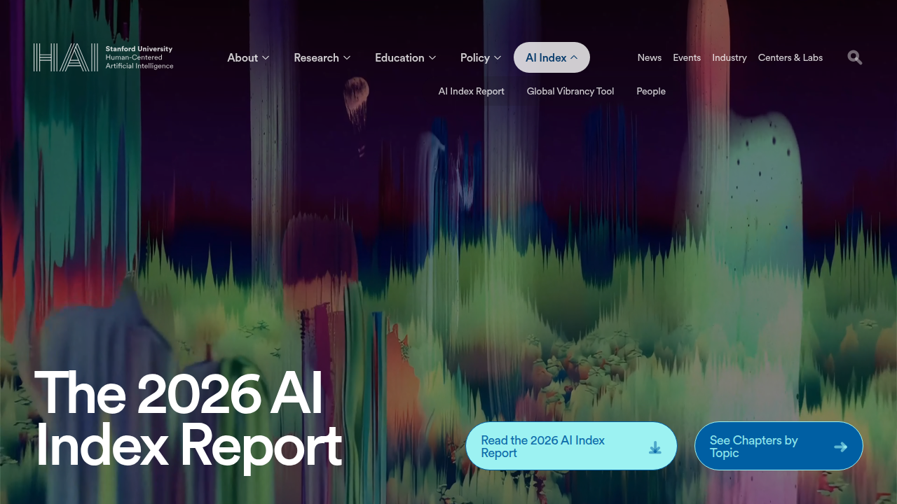 A screenshot of the Stanford HAI AI Index Report for 2026, highlighting key trends and adoption rates of generative AI tools.