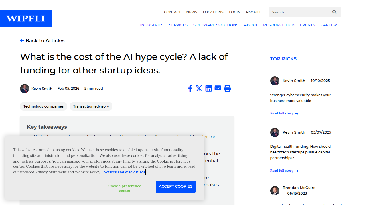Screenshot of a Wipfli article discussing how AI hype negatively impacts startup funding.