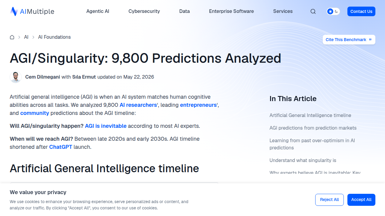 A report from AI Multiple discussing various predictions for the arrival of Artificial General Intelligence.