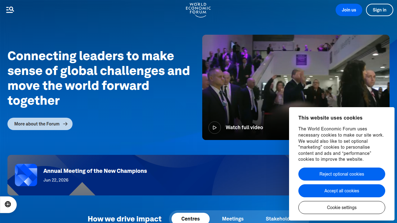 The World Economic Forum's homepage, a key resource for understanding tech for social good.