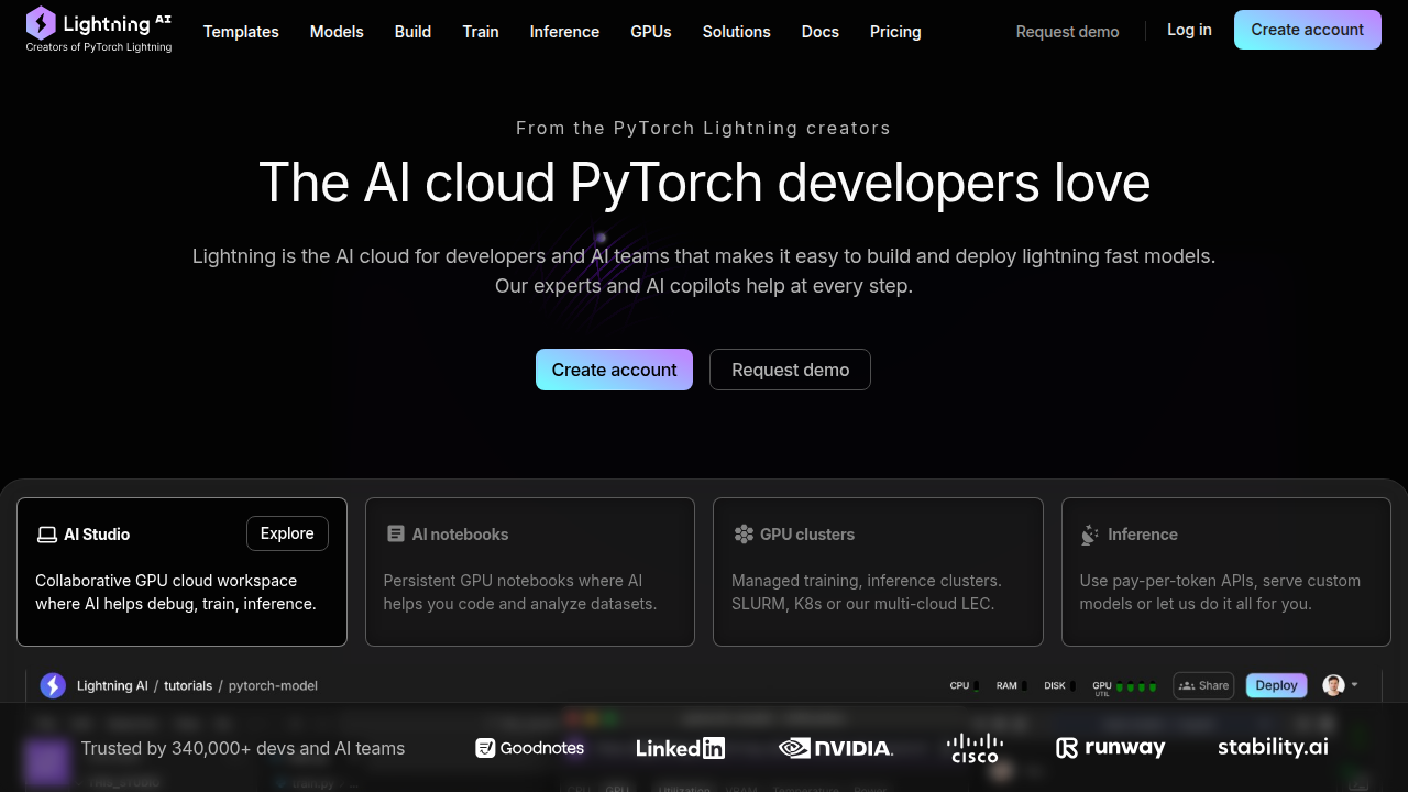 Lightning AI's homepage showcases its unified platform for AI development, attracting over 240,000 users.