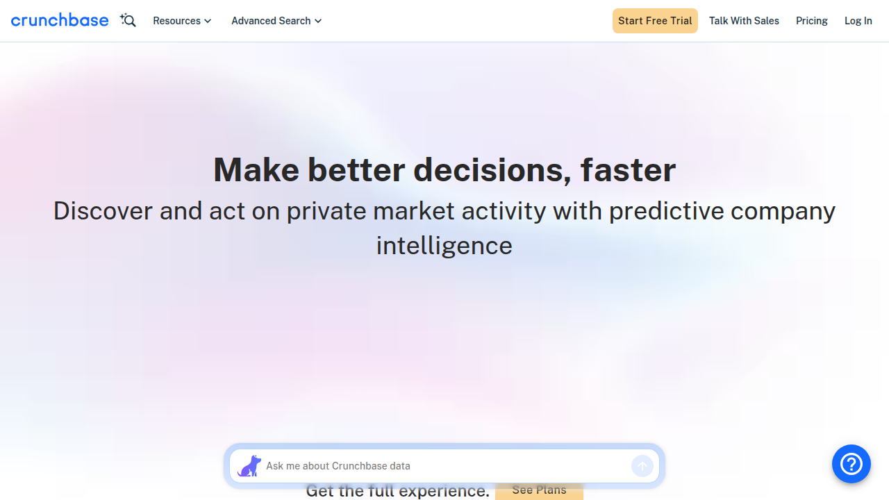 Screenshot of the Crunchbase homepage, a leading platform for company and funding data.