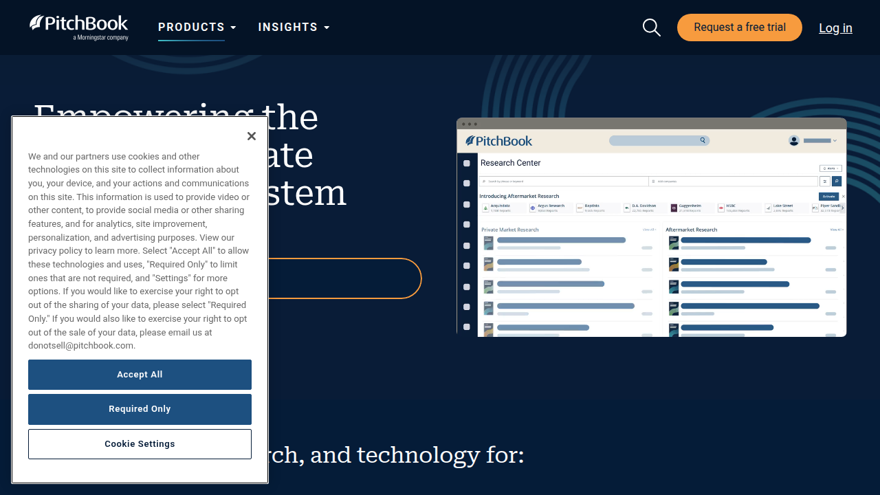 Screenshot of the PitchBook homepage, highlighting its comprehensive private market data for investors.