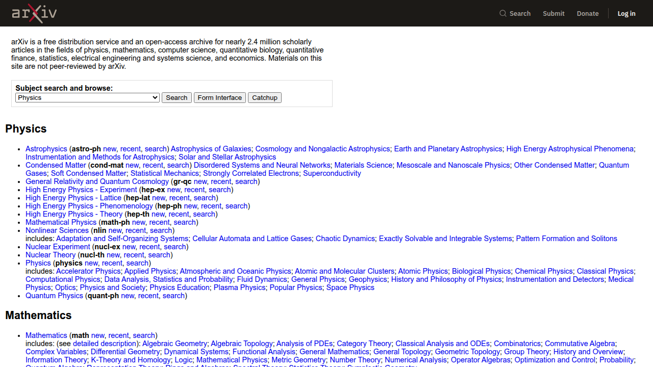 Screenshot of the arXiv homepage, a repository for preprints.