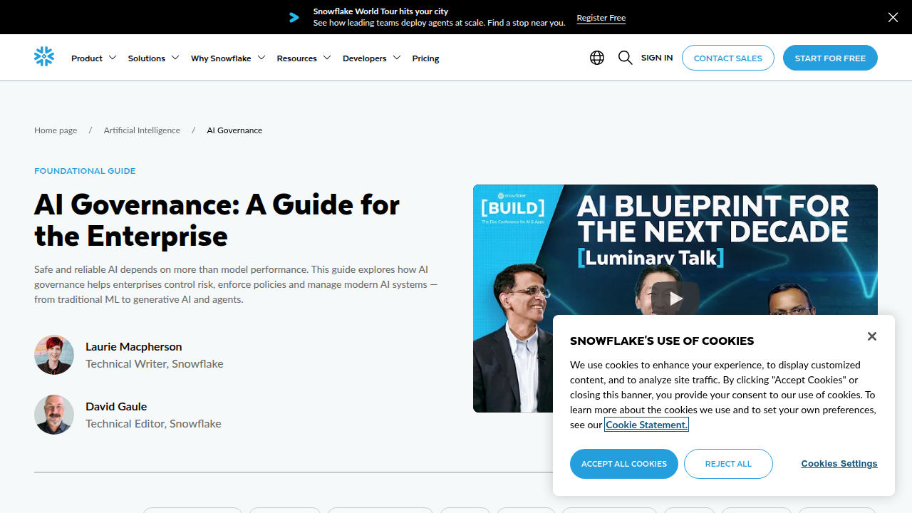 Screenshot of Snowflake's page on AI Governance Frameworks.