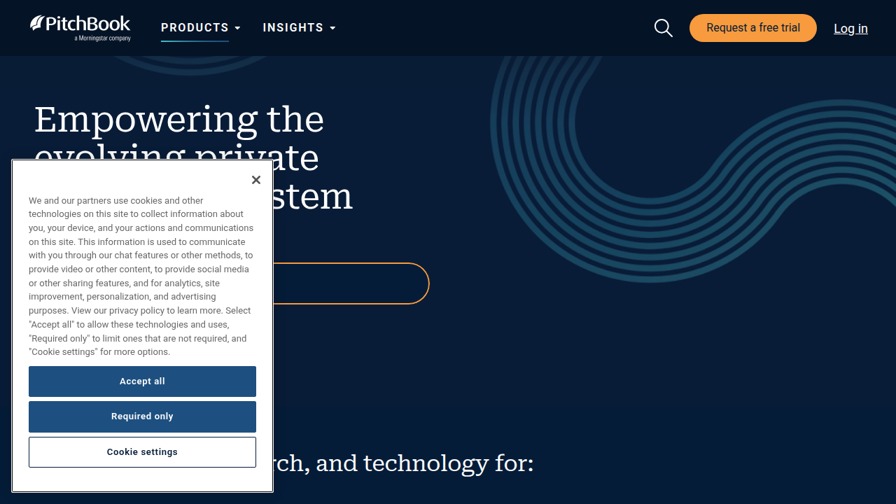 A screenshot of the PitchBook homepage, highlighting its role as a leading data provider for the private and public markets.