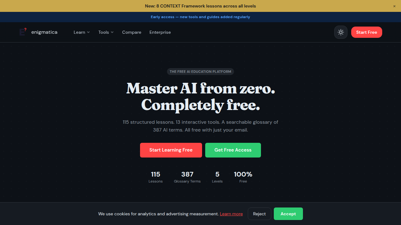 A screenshot of Enigmatica AI's research homepage, emphasizing resources for AI literacy.