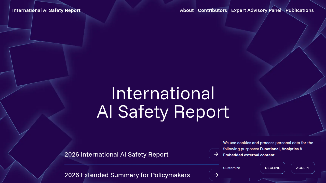 Screenshot of the International AI Safety Report homepage, highlighting global efforts in AI safety.