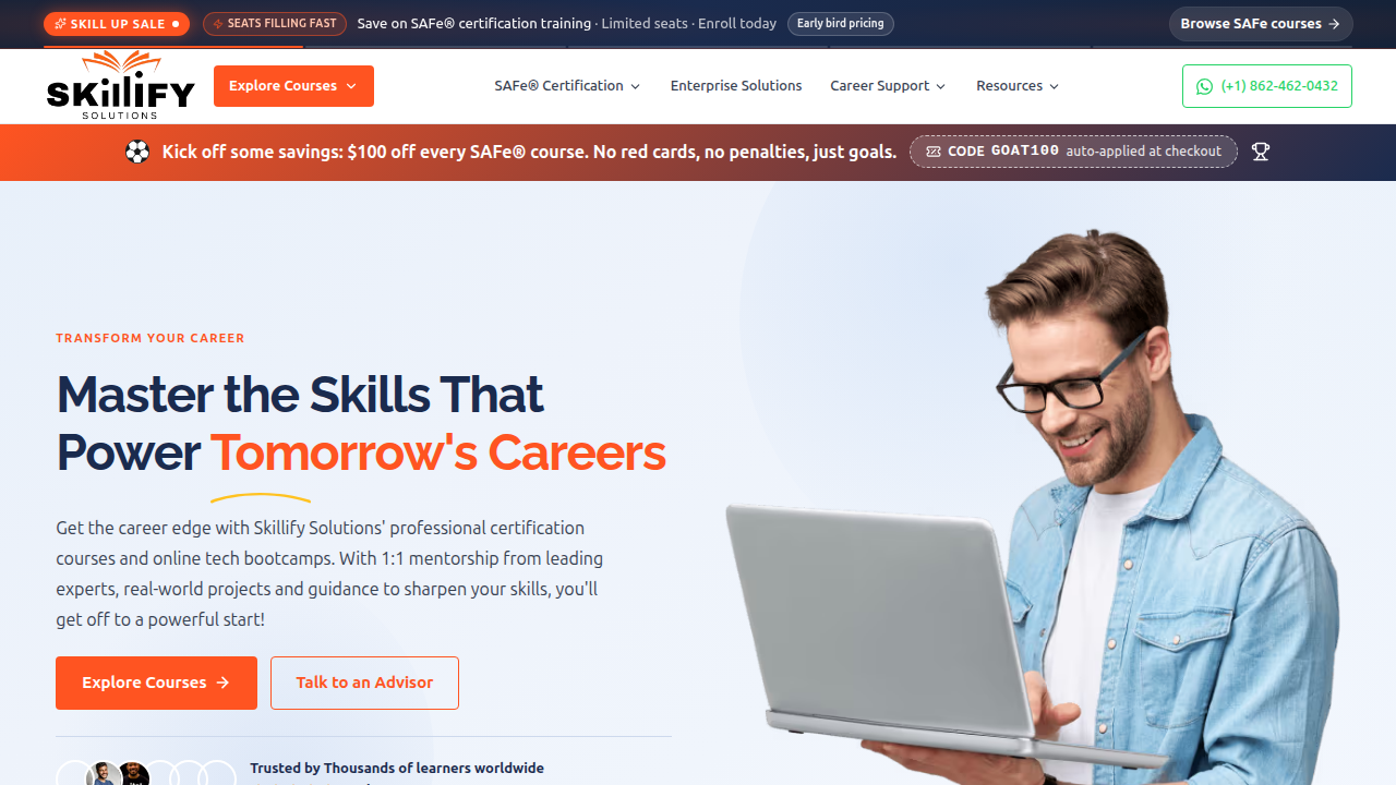 A screenshot of the Skillify Solutions homepage, a resource for data science and analytics career insights.