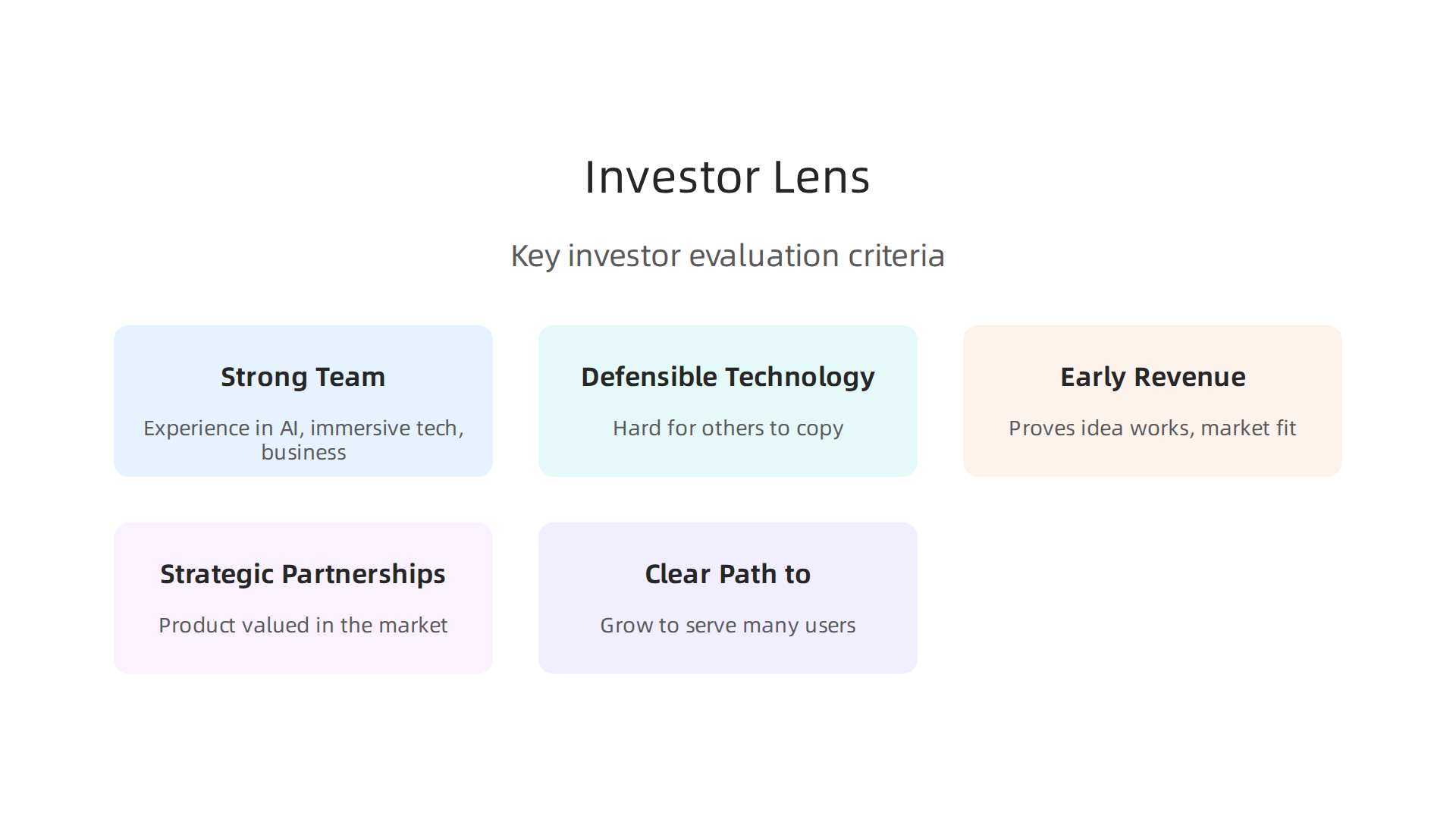 Key factors venture capitalists and angel investors consider when evaluating immersity AI startups.