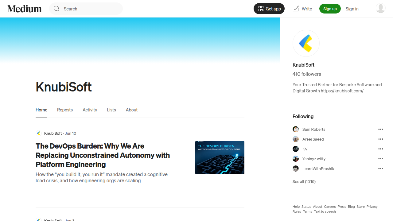 A screenshot of Knubisoft's Medium blog, featuring insights on AI UX and product design principles.