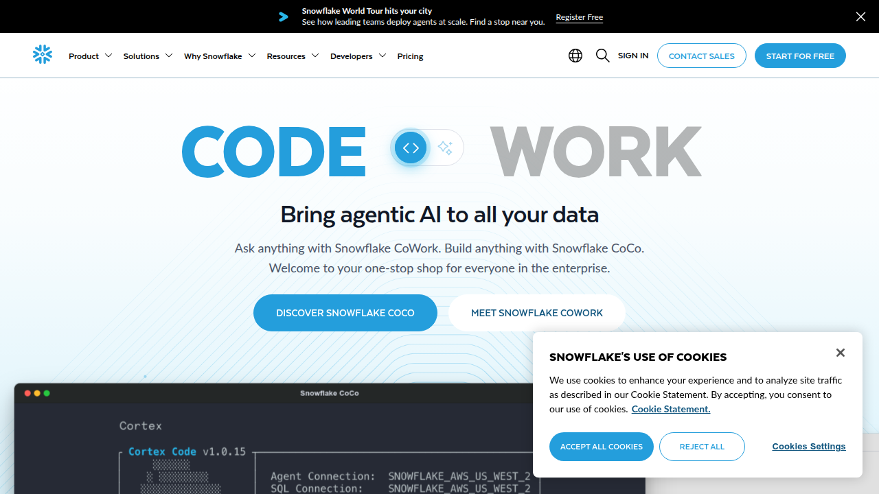 Screenshot of the Snowflake platform homepage, highlighting its capabilities as a cloud data warehouse.