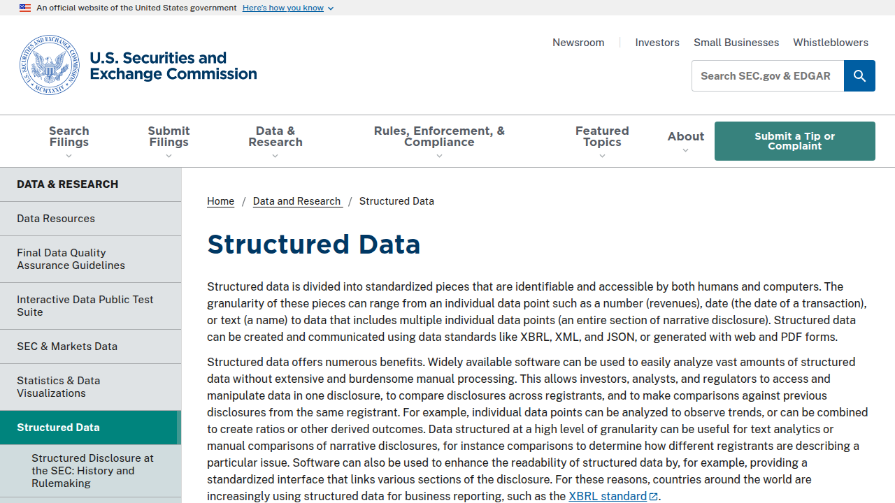 A screenshot of the SEC XBRL homepage, relevant to financial reporting taxonomies and compliance.