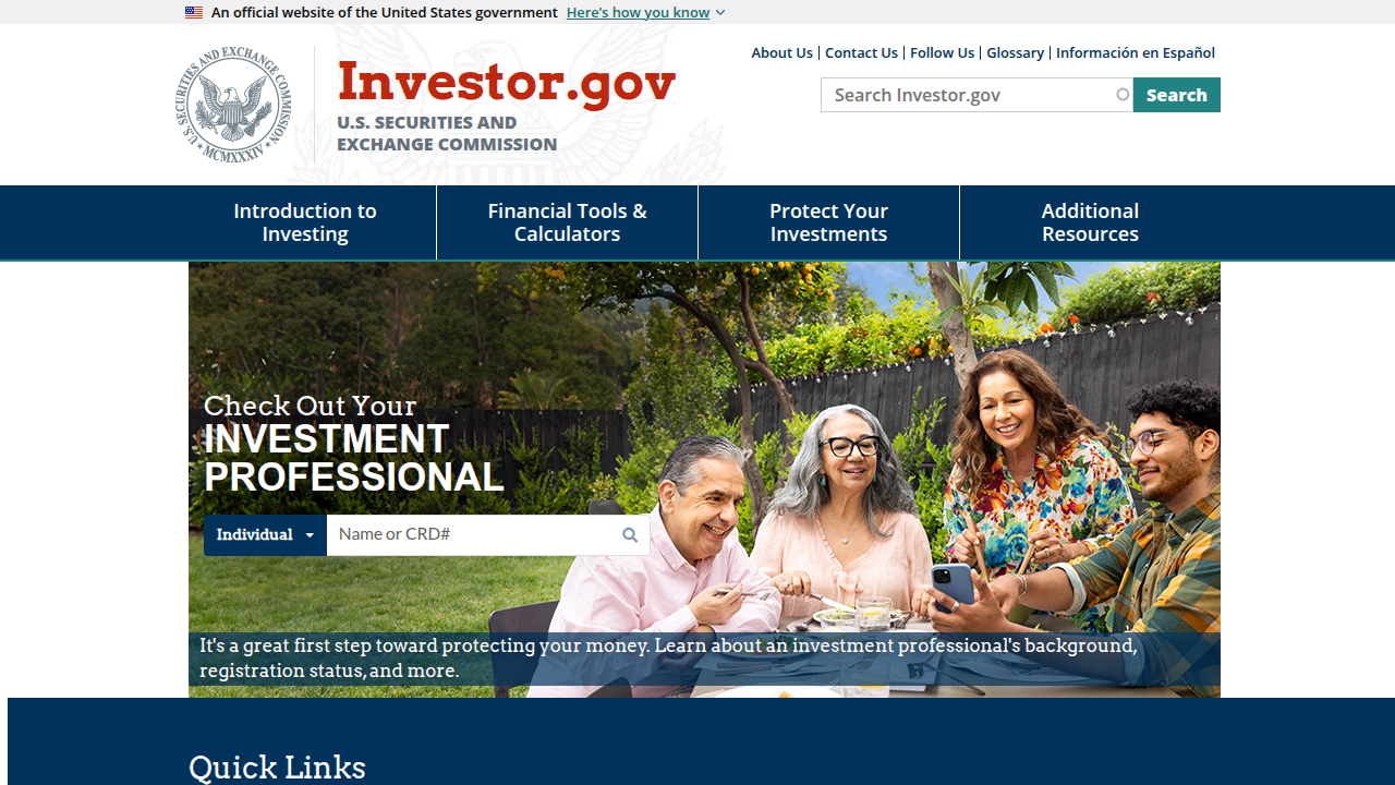 The official Investor.gov homepage, a resource from the SEC for understanding investment regulations and investor protection.