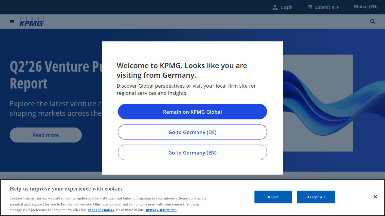 A screenshot of the KPMG homepage, a firm that publishes reports on global VC investment surges and financial trends.