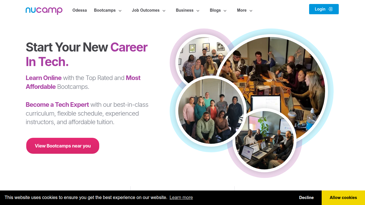 Screenshot of Nucamp's homepage, showcasing options for AI and Machine Learning bootcamps.