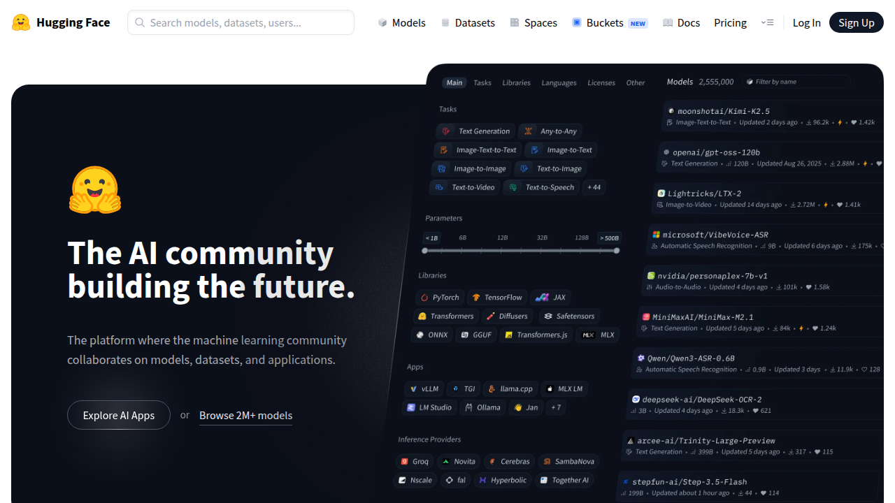 The Hugging Face platform, a central hub for open-source AI models and developer tools.