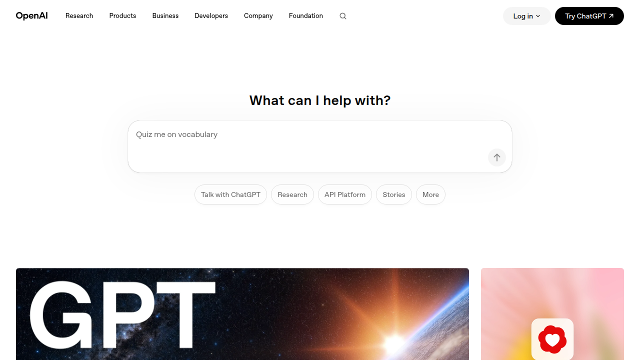 The OpenAI website, showcasing their latest advancements in artificial intelligence research and products.