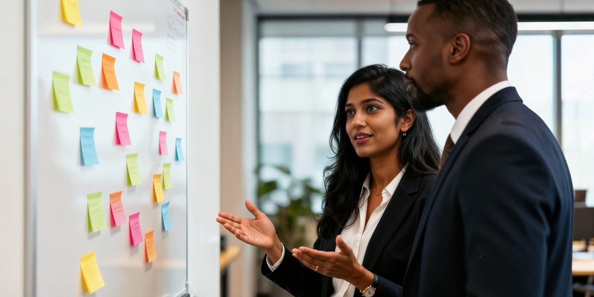 A team collaborating around a whiteboard, mapping out strategic goals and AI initiatives.