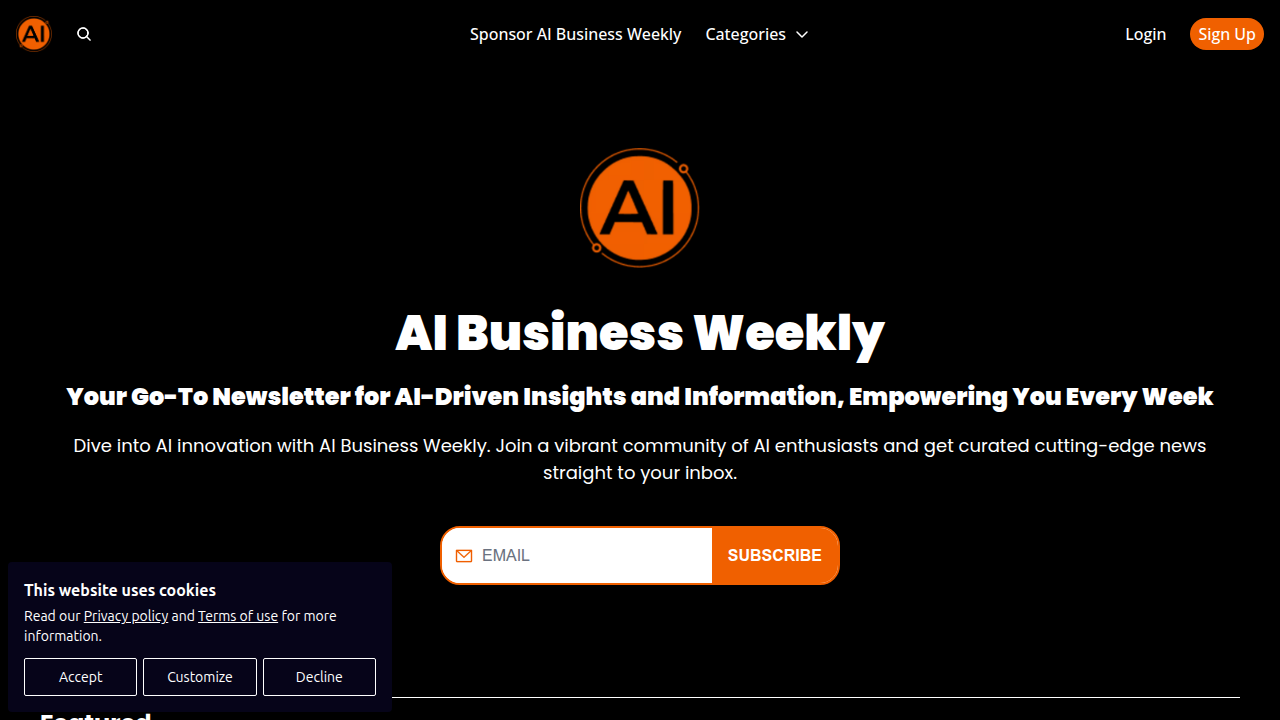 Homepage of AI Business Weekly, a resource for AI adoption statistics and business data.