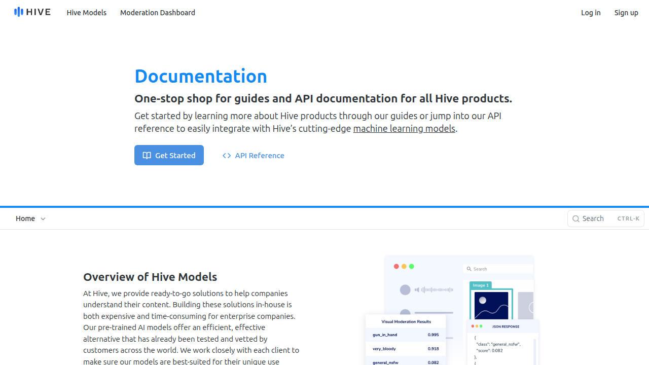 Screenshot of Hive AI's documentation page, showcasing the self-serve APIs and resources available for developers.