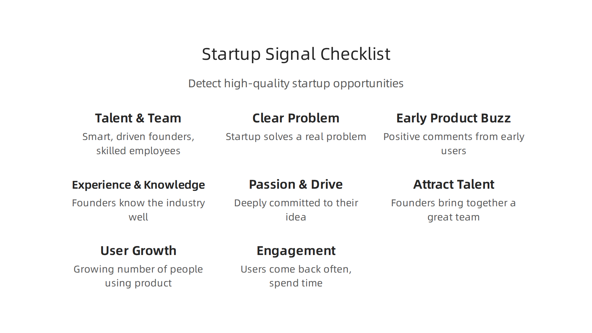 A guide to detecting high-quality startup opportunities by examining lead indicators, founder qualities, and traction metrics.