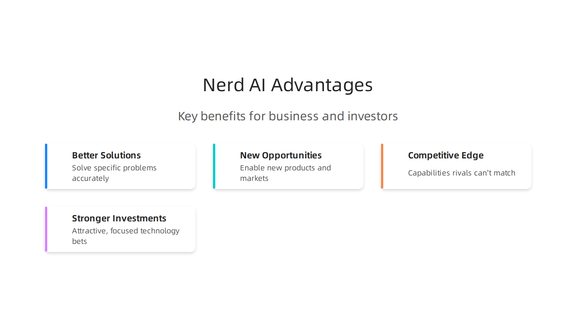 An infographic summarizing the key advantages that specialized 'nerd AI' solutions bring to businesses and investments.