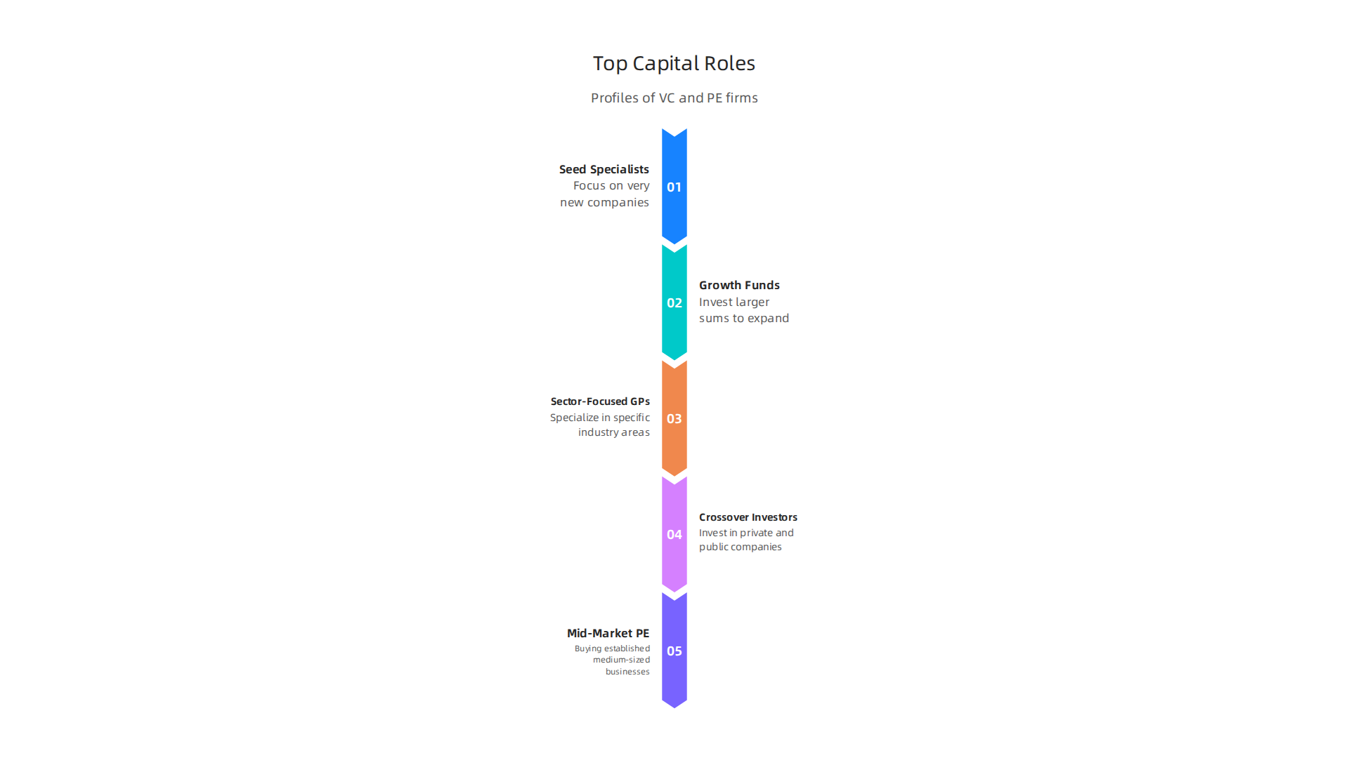 An infographic illustrating the various roles and specializations of influential VC and PE firms.