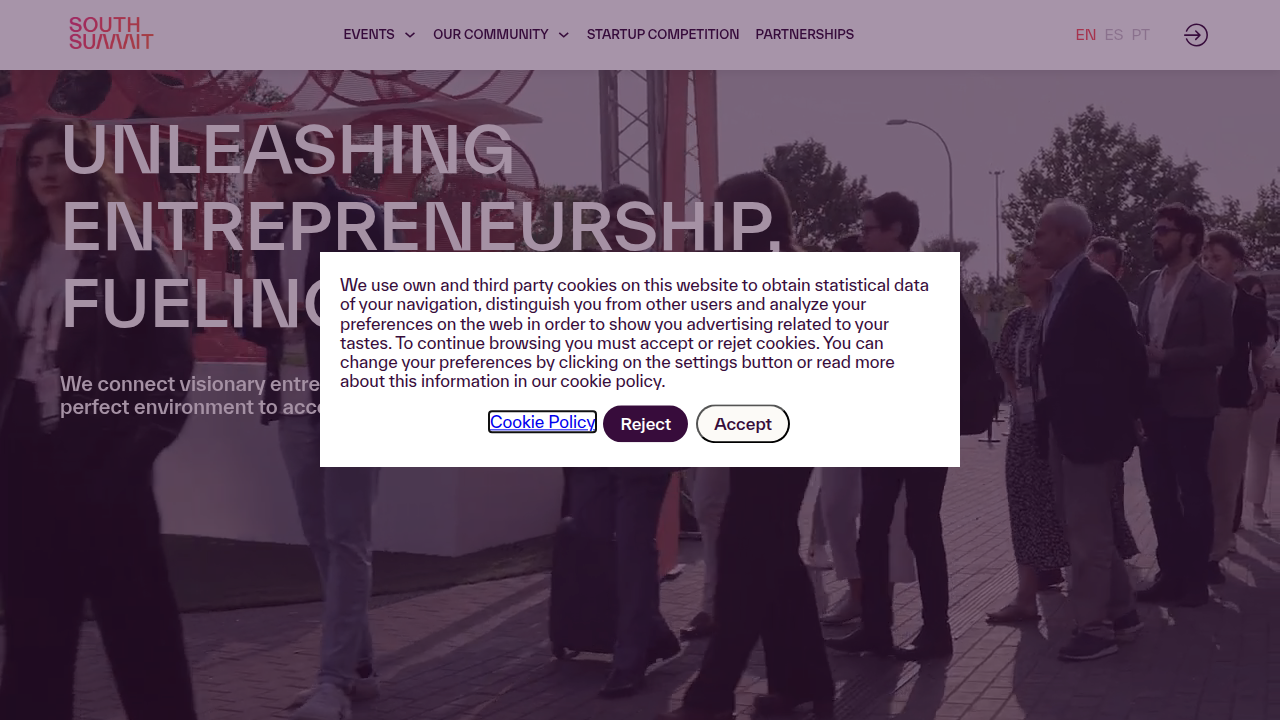Screenshot of South Summit's homepage, an event focused on innovation and top technologies shaping startups.