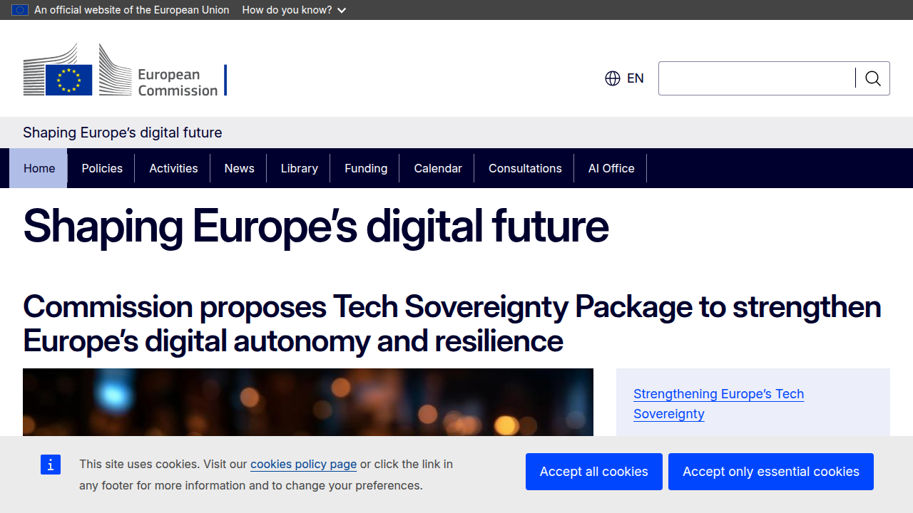 Screenshot of the European Commission's digital strategy website, detailing the EU AI Act and its regulatory framework.